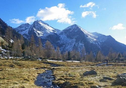 L'histoire du mercantour de la réserve royale de chasse au parc national_Belvédère - A gauche, la cime de l'Agnellière, (2700 m), et à droite la cime des Juisses, (2580 m), vus depuis les Sagnes près du refuge de la Cougourde au mois de novembre. Vallon du haut Boréon.